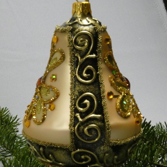 CHRISTMAS BELL Ornament 4-Inch Hand Made And Decorated Glass GOLD - Picture 2 of 7